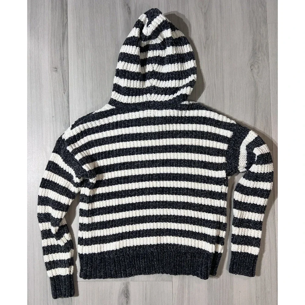 Justice Girls Chenille Hoodie Sweater Black White Striped Knit Size 14/16 L XL